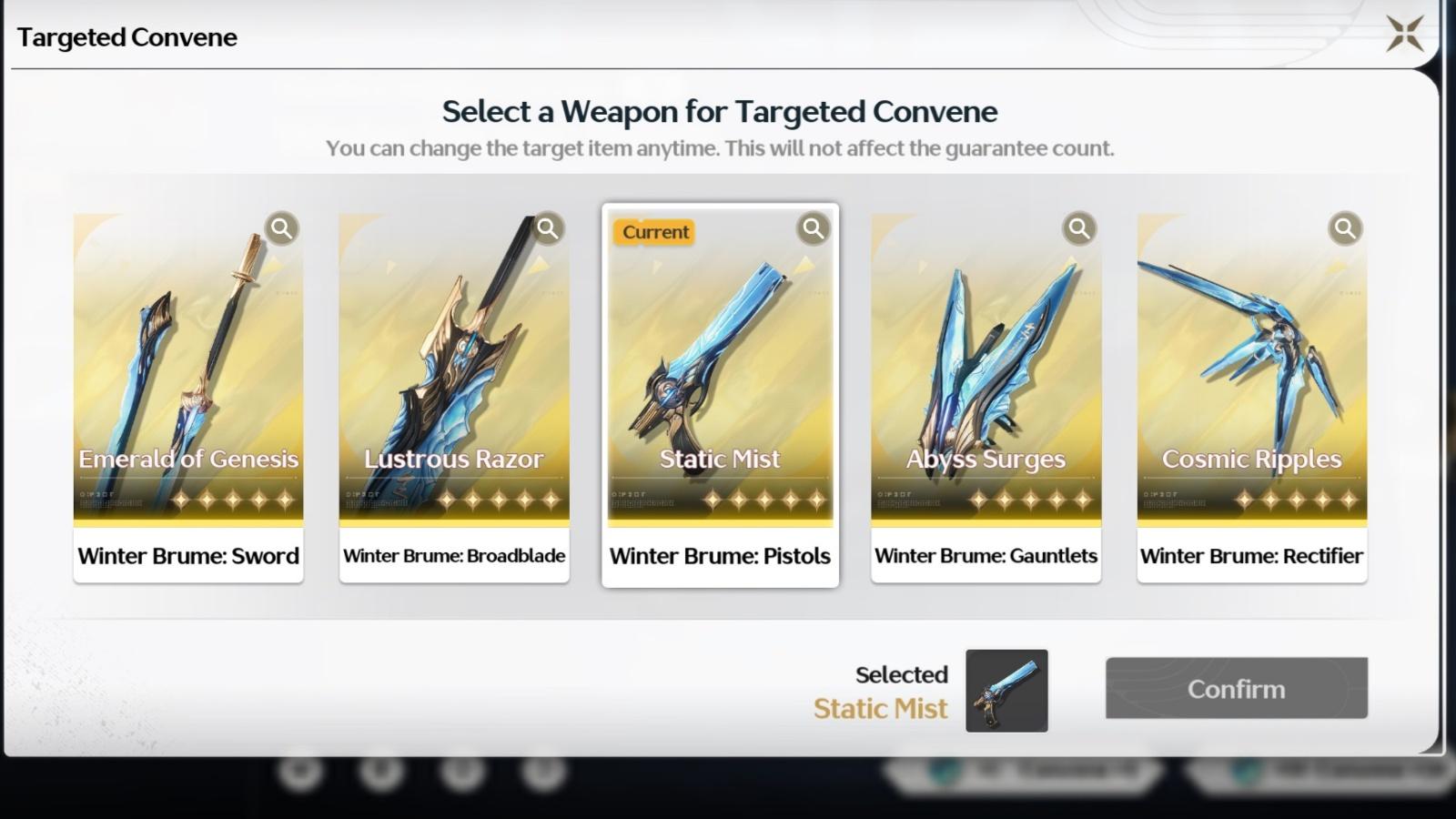 A screenshot of the Standard weapon banner in Wuthering Waves