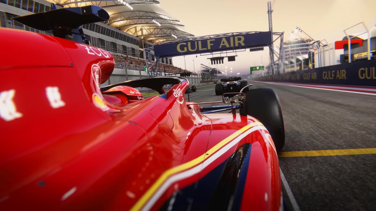 F1 24 red Formula 1 car on starting grid.