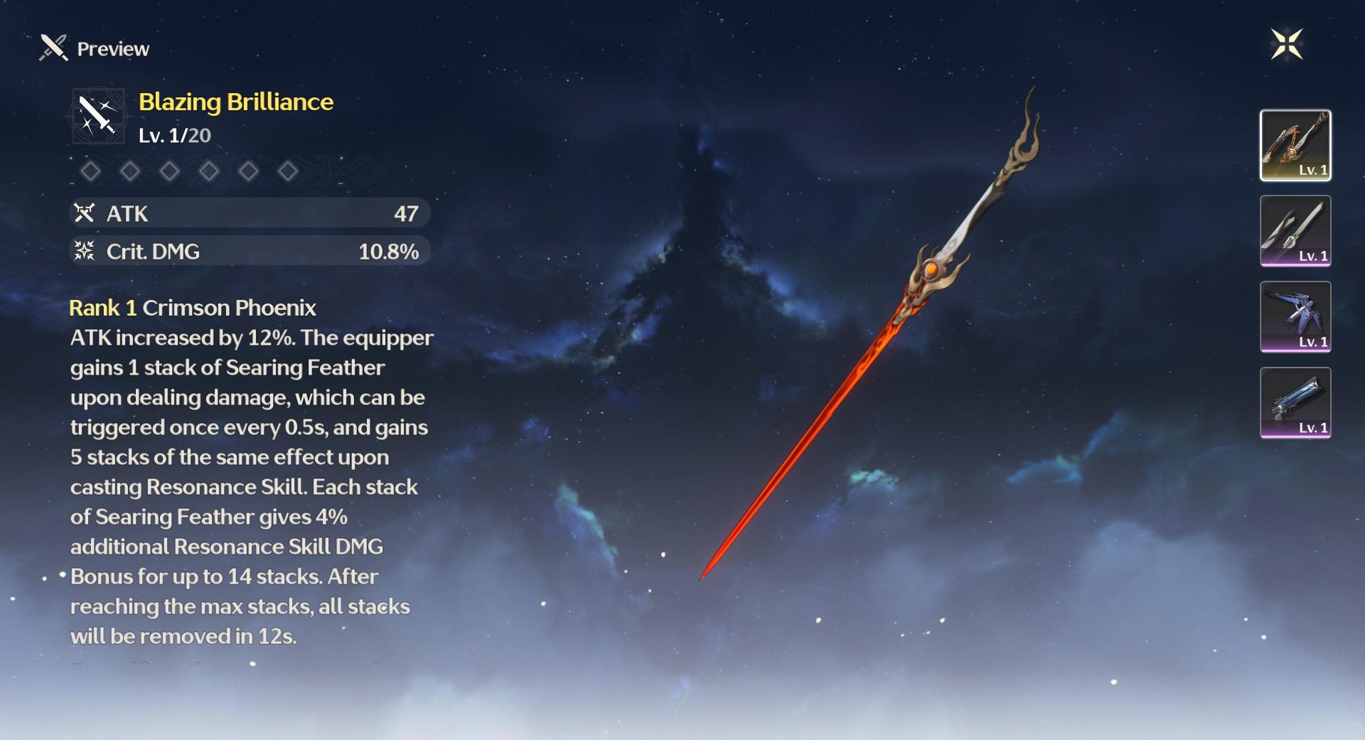 A screenshot of Changli's best weapon in Wuthering Waves.