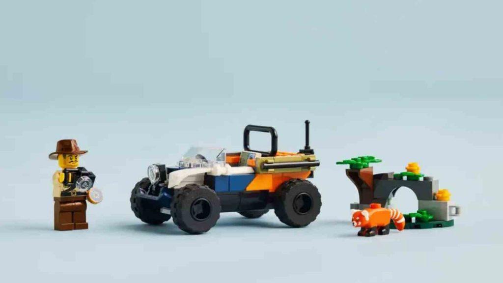 The LEGO-reimagined ATV, explorer minifigure, and nature scene on display