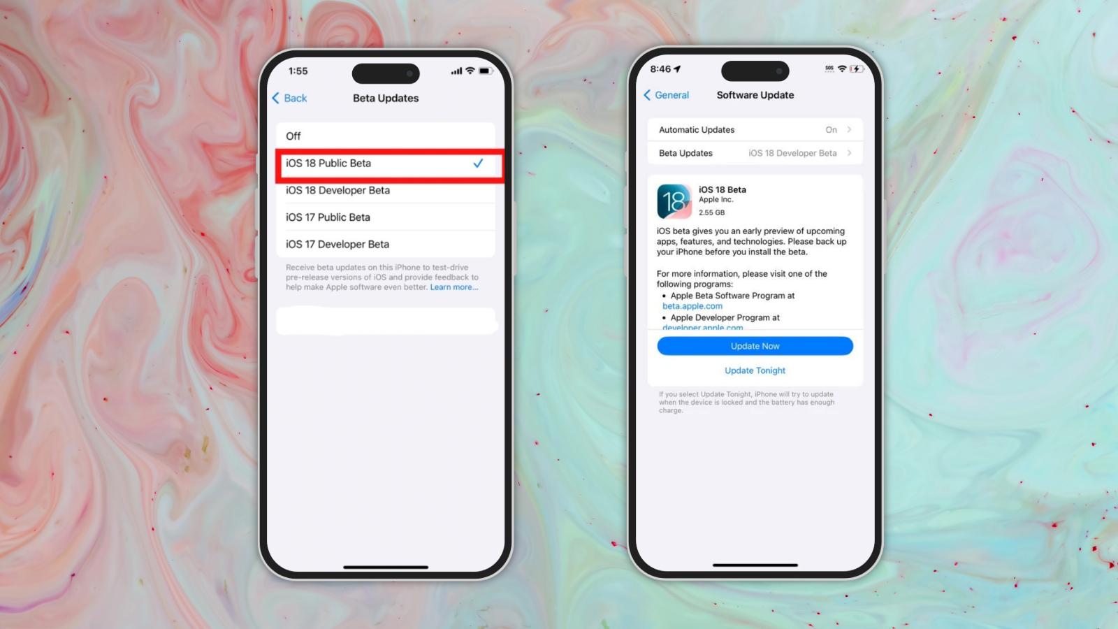 Screenshots showing steps to install iOS 18 public beta on iPhone