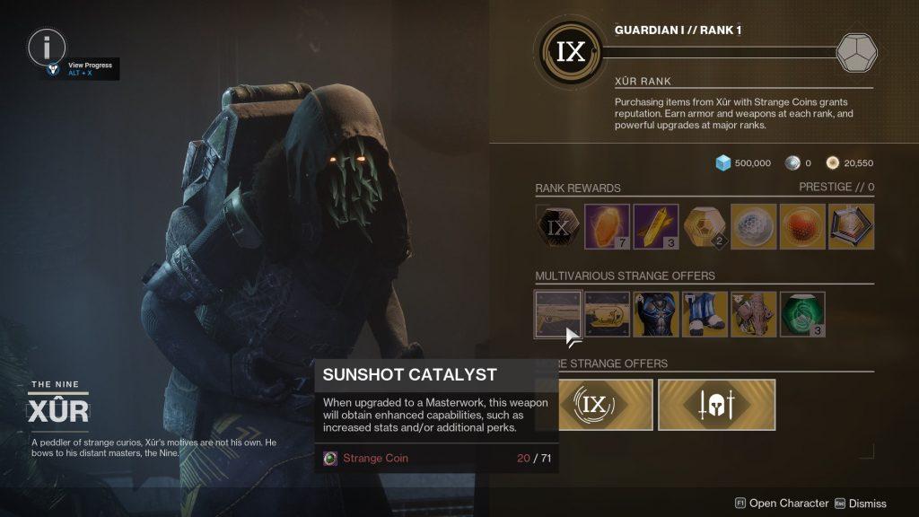 The Xur storefront where he sells items for Strange Coins