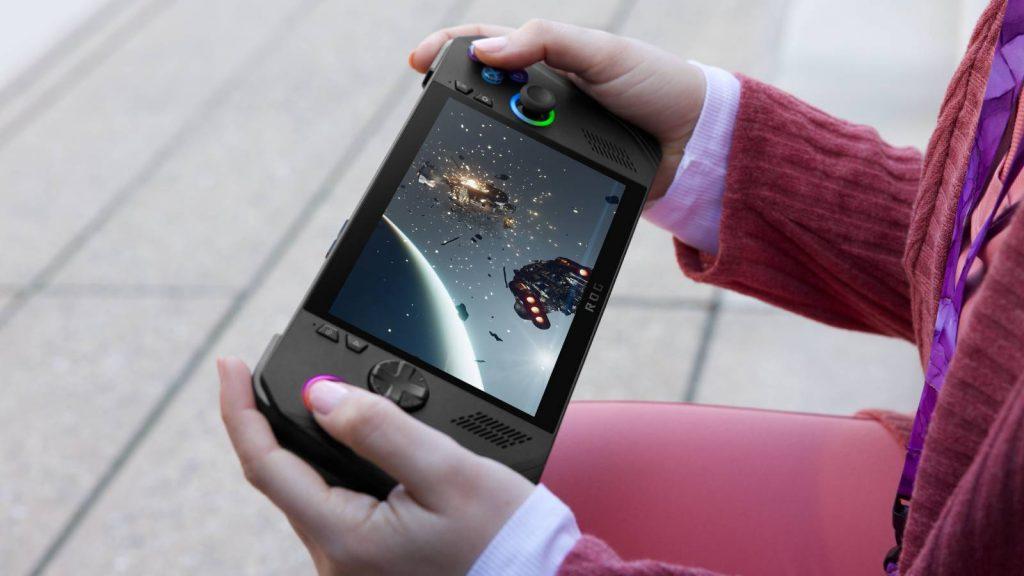 Official promotional image of someone holding the Asus ROG Ally X handheld.