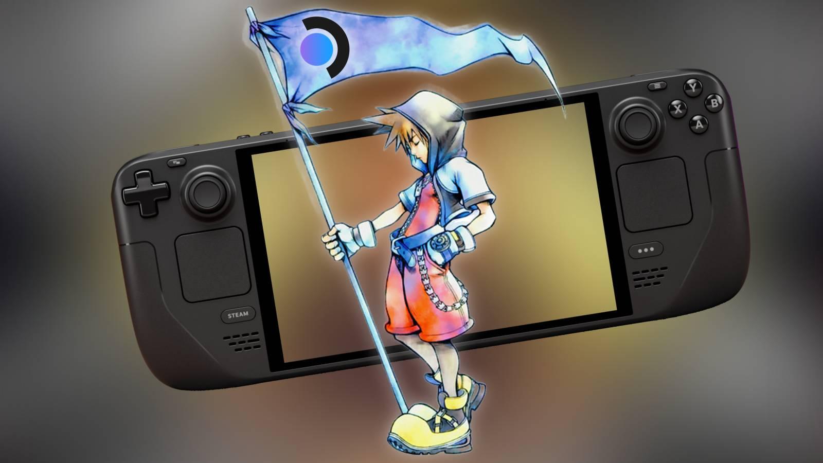 Official art of Sora from Kingdom Hearts holding a flag with the Steam Deck logo, with a Steam Deck behind him.