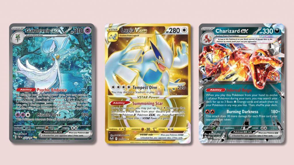 Gardevoir, Lugia, and Charizard Pokemon cards.