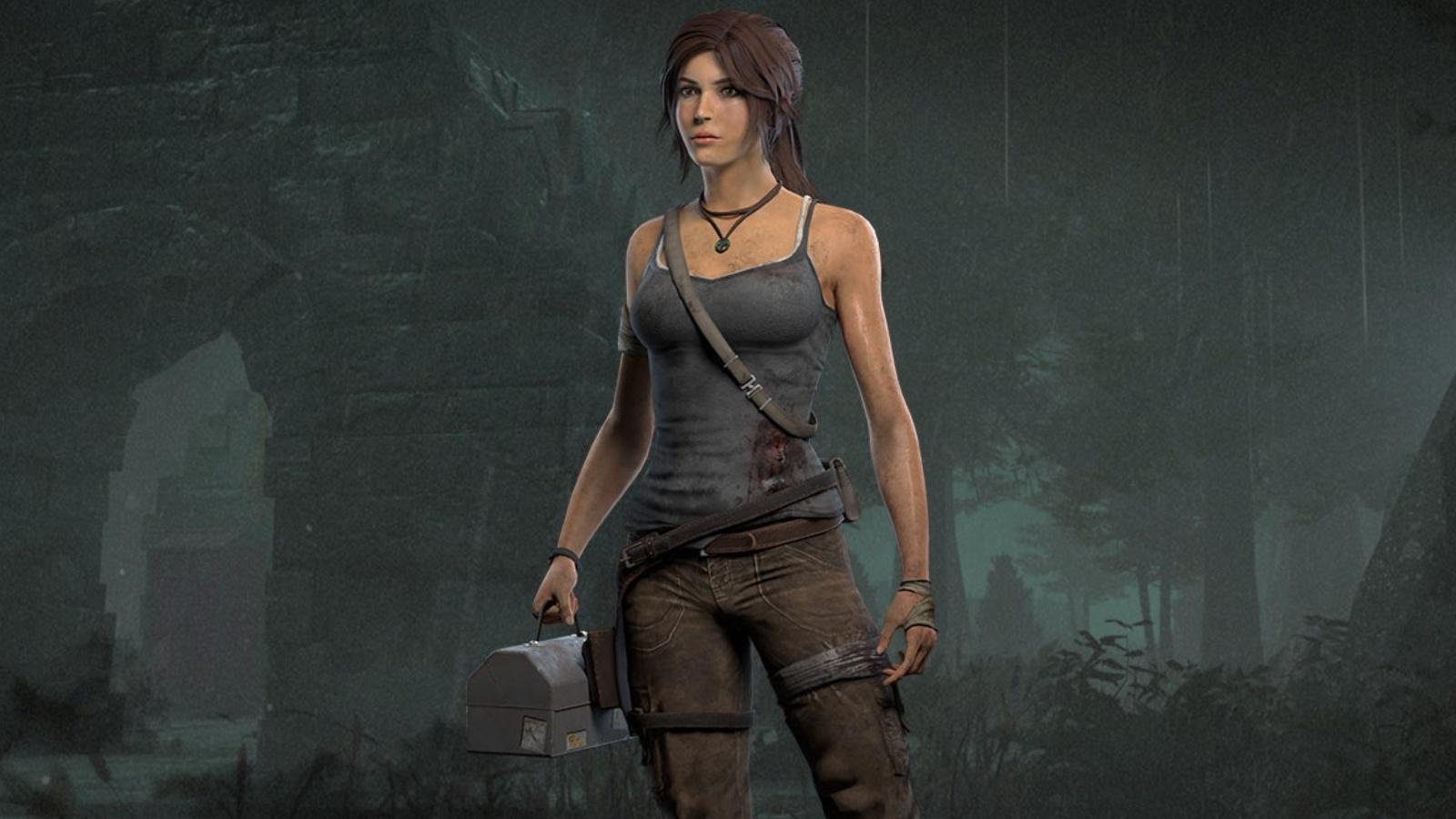 A screenshot featuring Lara Croft in Dead by Daylight.