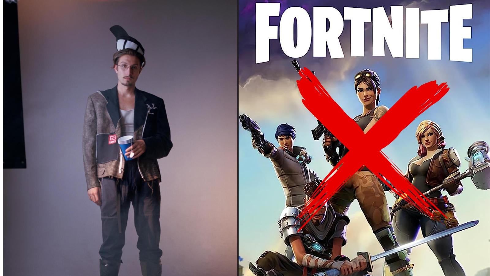 bbno$ standing next to Fortnite cover art