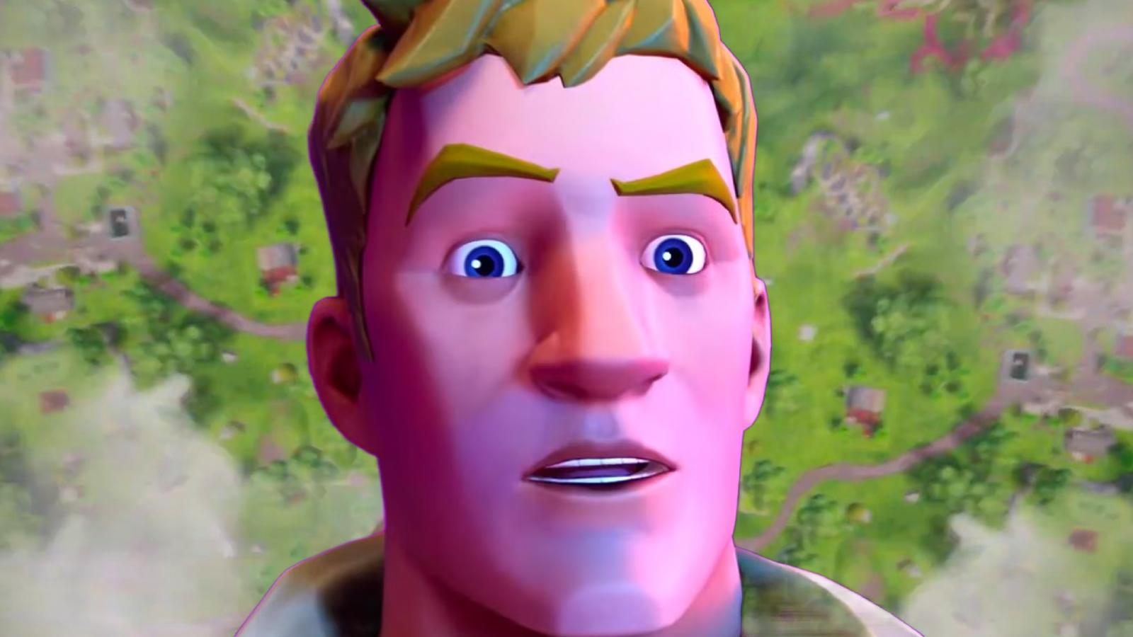 Fortnite Jonesy character looking shocked and the island map behind him.