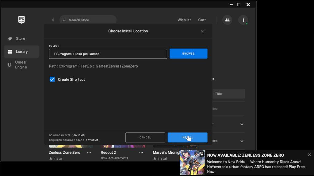 Epic Store installing Zenless Zone Zero