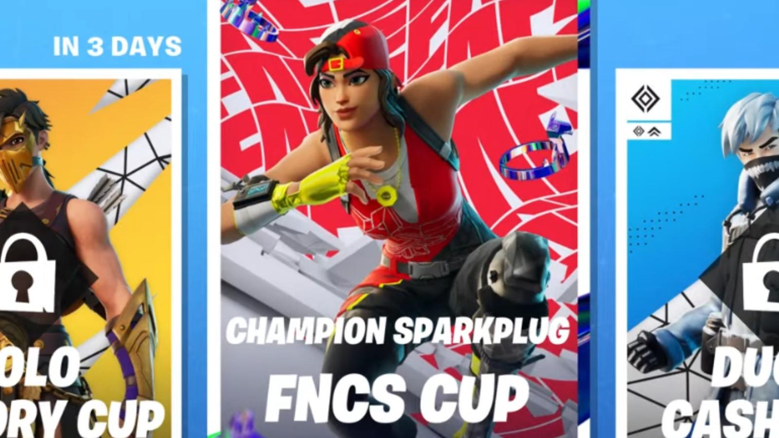 A screenshot featuring the FNCS Champion Sparkplug skin in Fortnite.