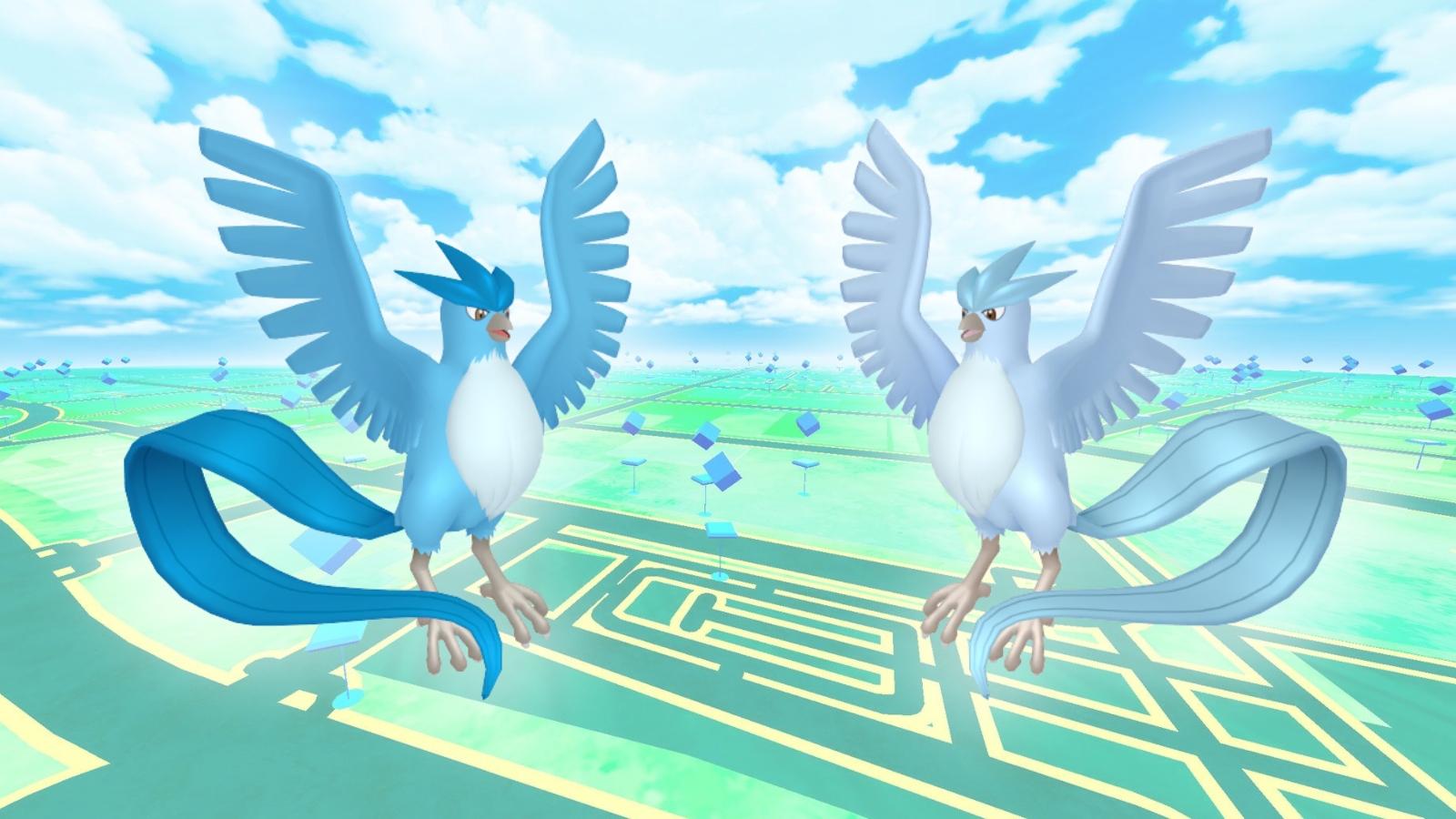 Articuno and Shiny Articuno on a Pokemon Go background