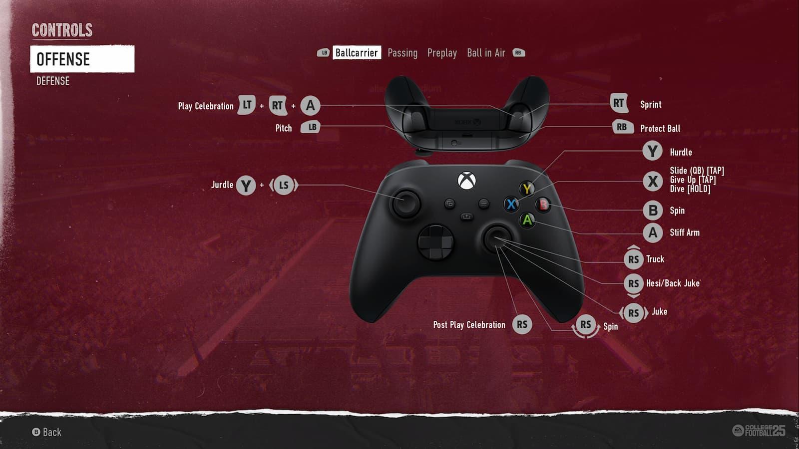 Xbox controller map College Football 25