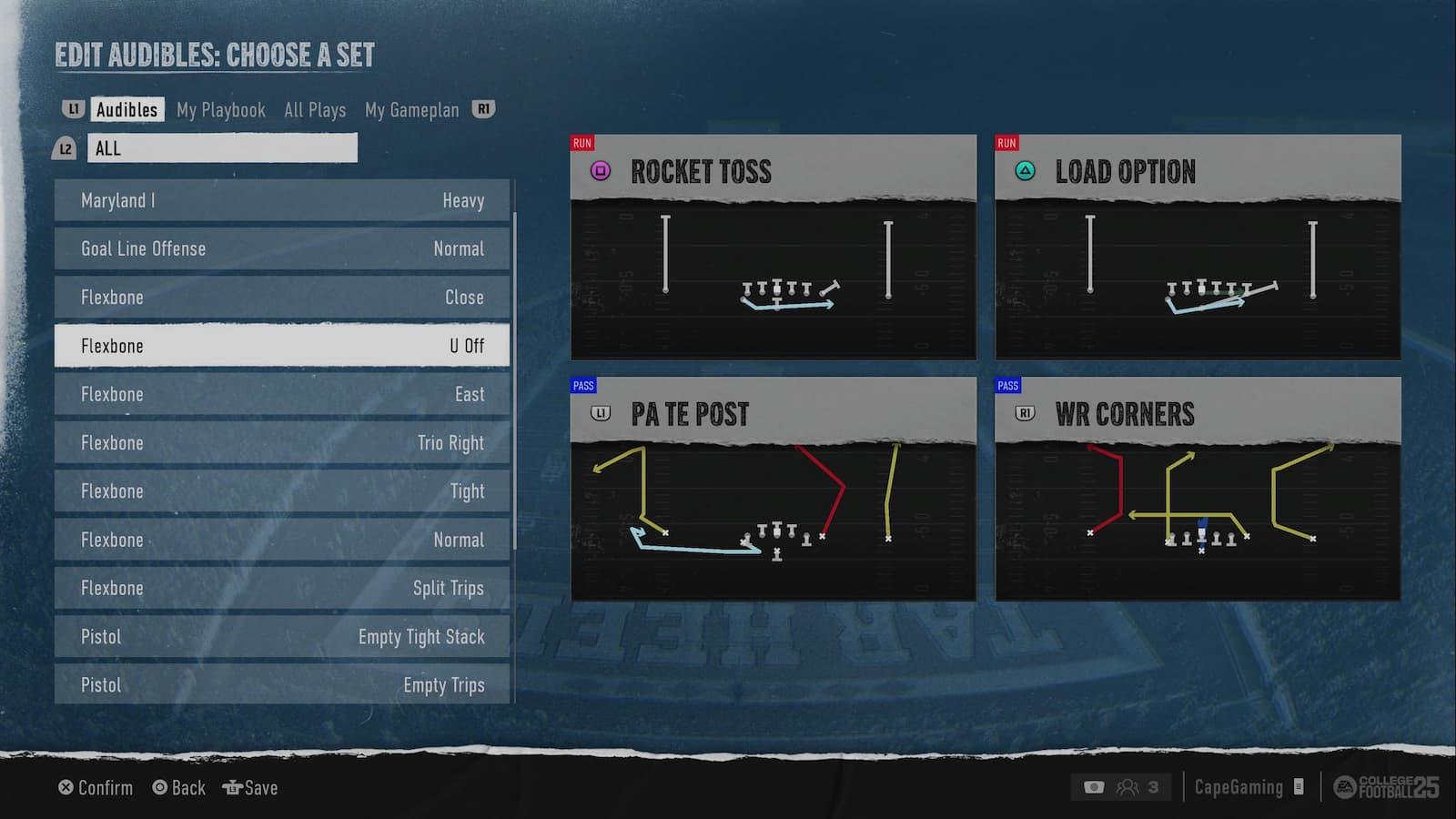 A screenshot of the Air Force CFB playbook in College Football 25.