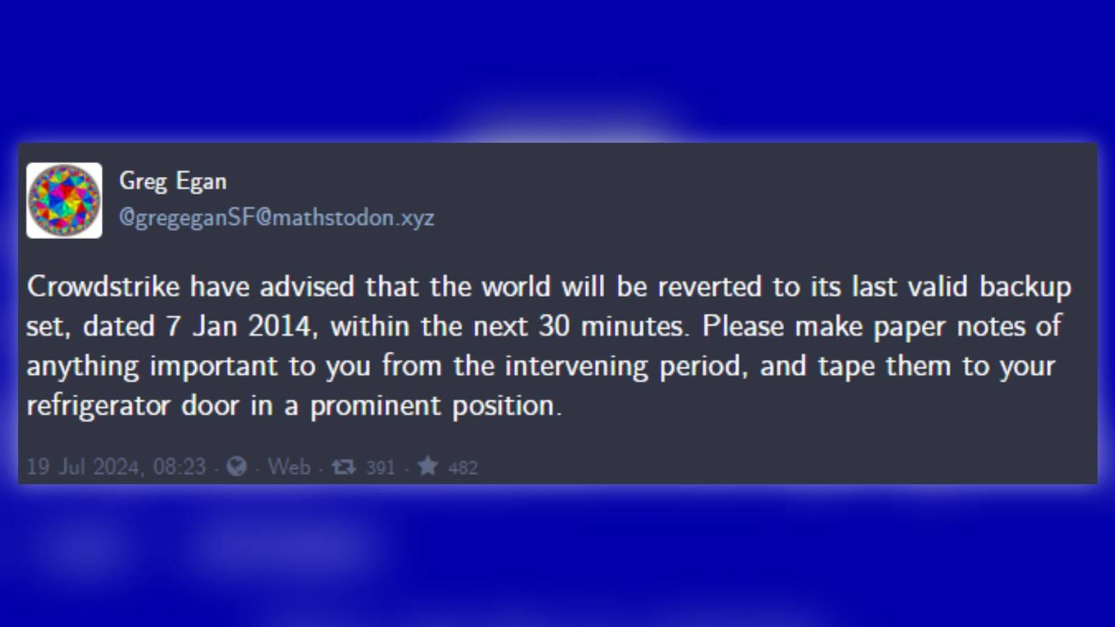 Screenshot of the Mastodon post by Greg Egan.