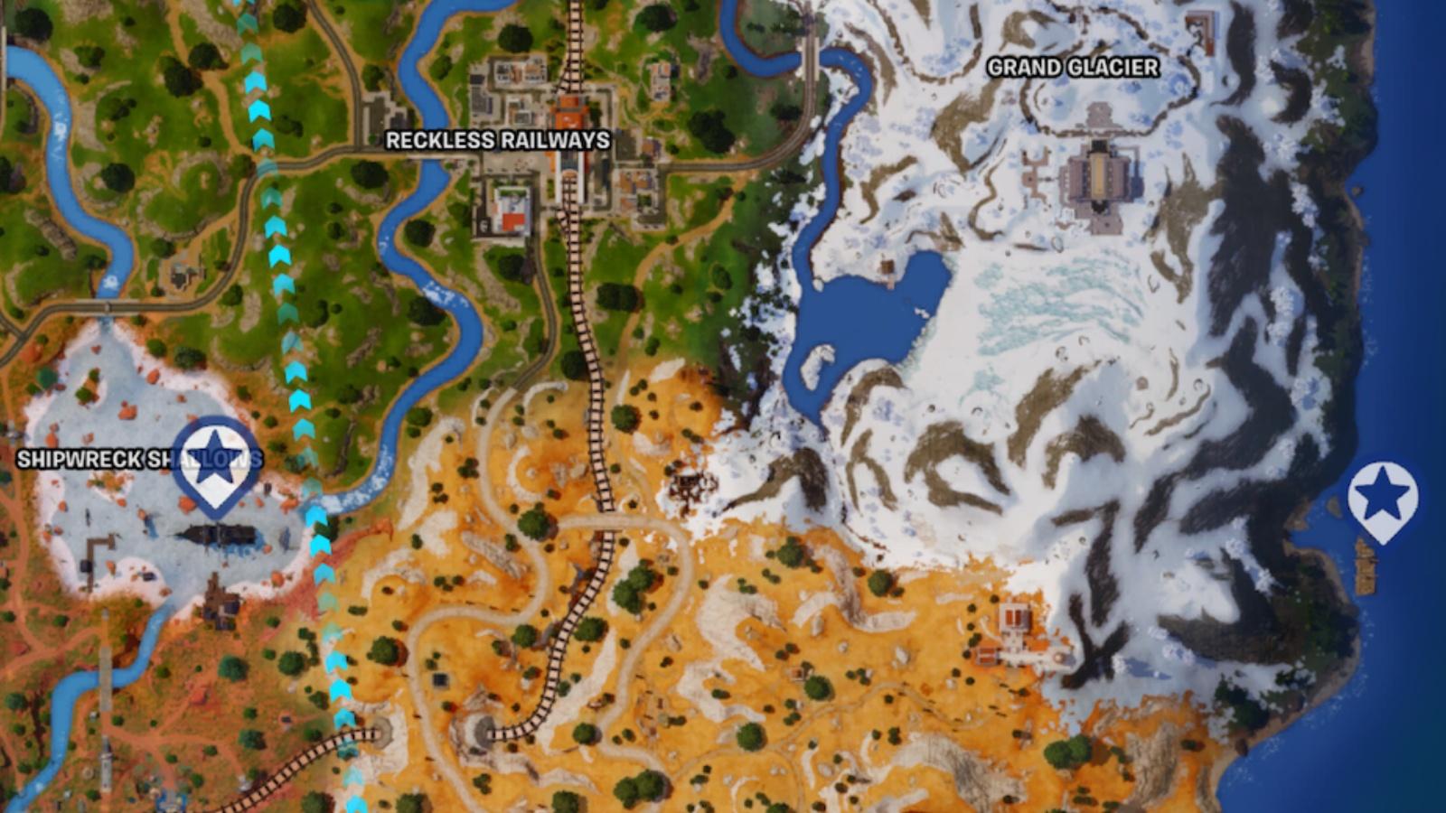 A screenshot featuring ship locations in Fortnite.