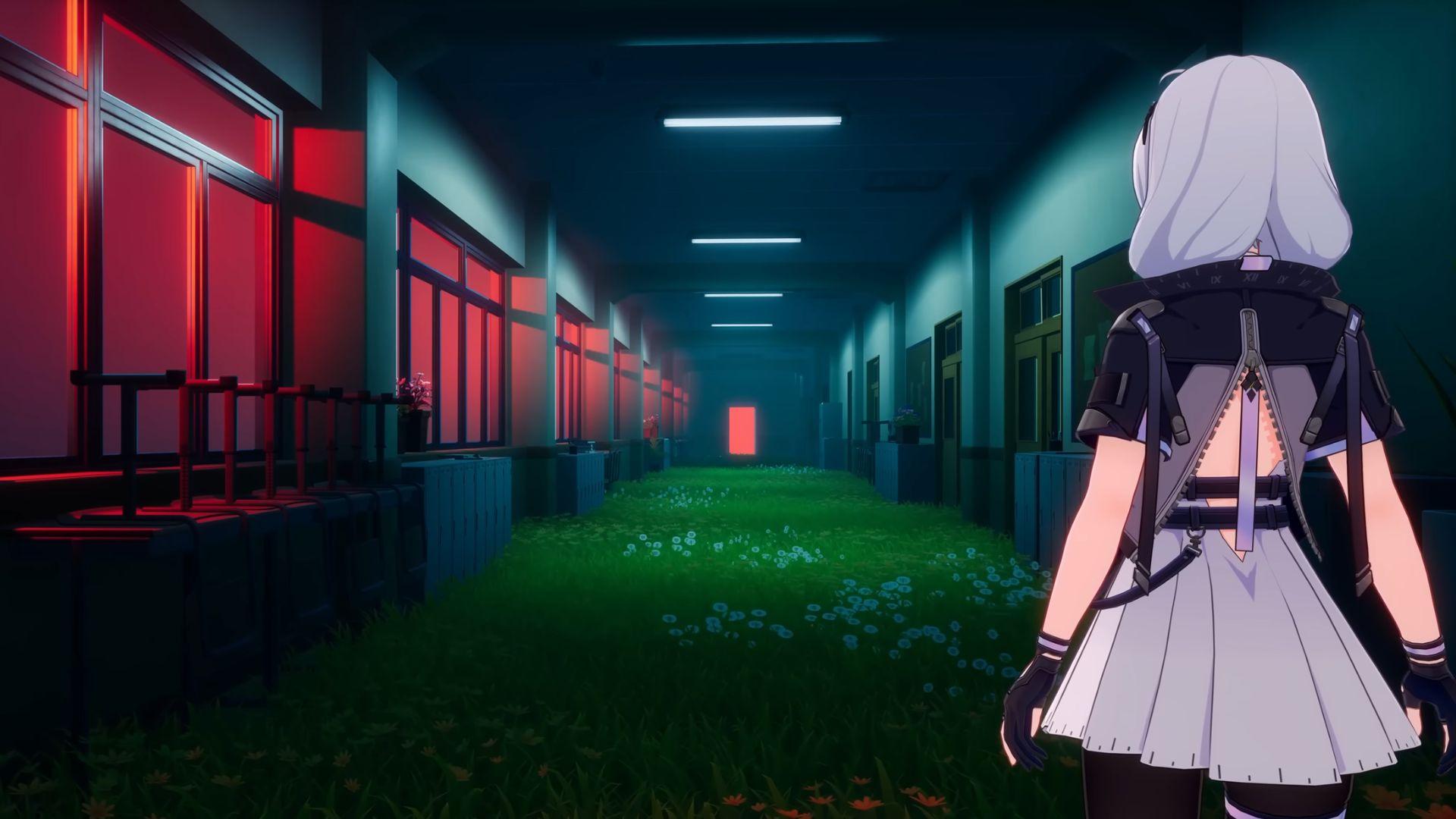 Anime girl with white hair looking down a corridor