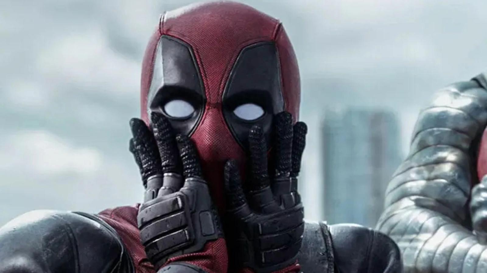 Ryan Reynolds as Deadpool making a shocked expression