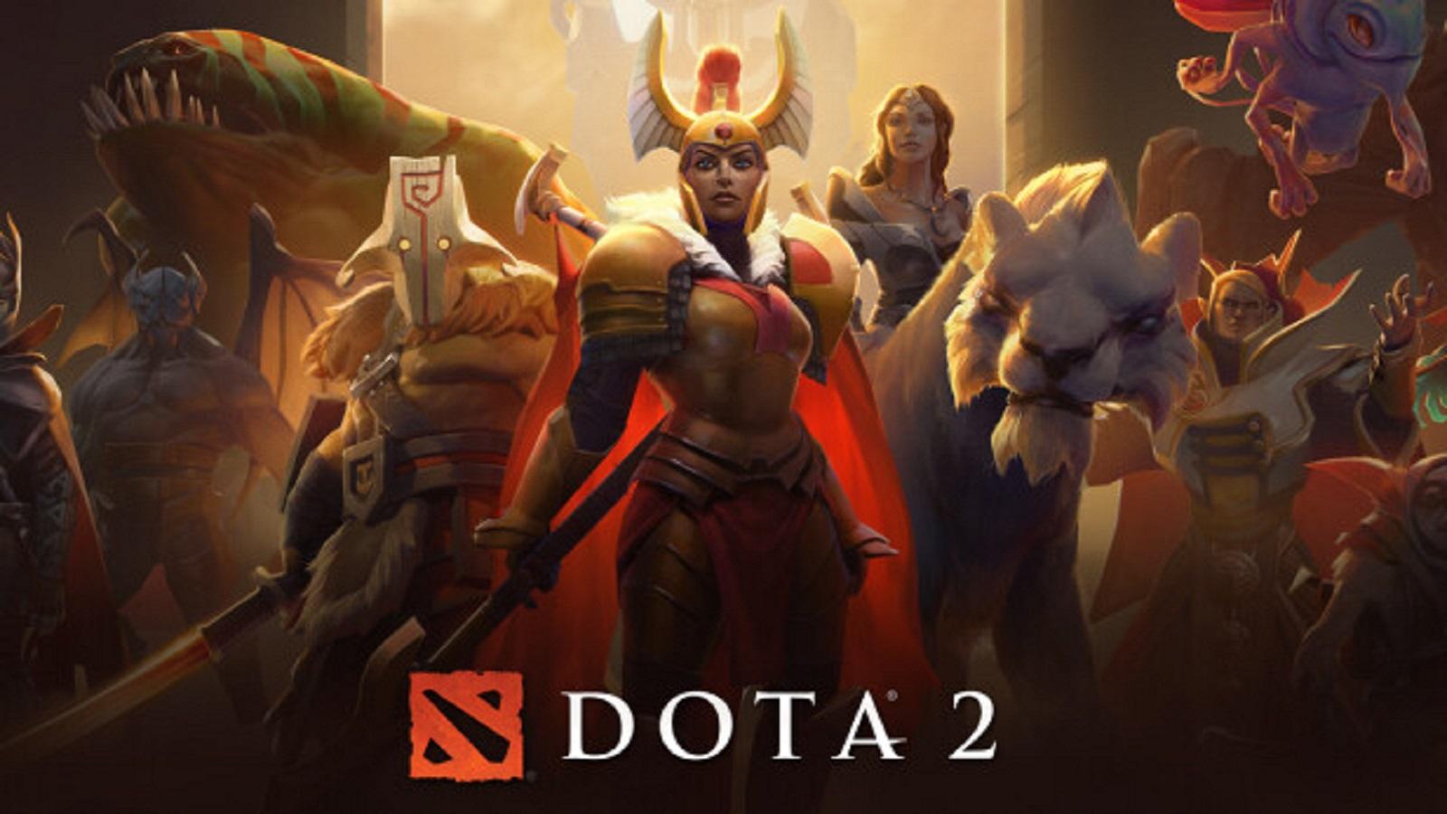 cover art for Dota 2 featuring several heroes from the game.