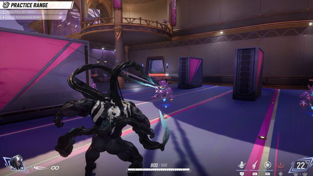 A screenshot of Venom in the practice range in Marvel Rivals.