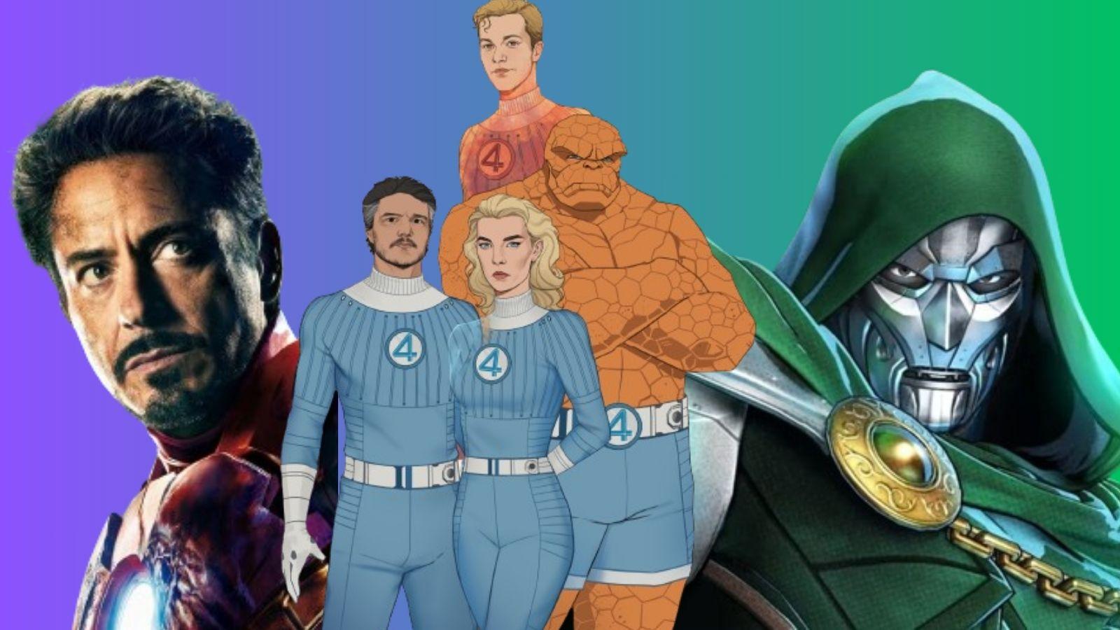 Robert Downey Jr as Iron Man, the Fantastic Four cast, and Doctor Doom in Avengers