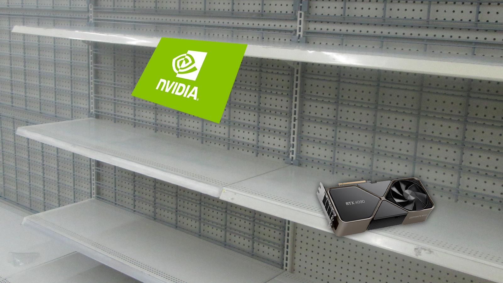 empty shelf with a single gpu and the nvidia logo acting as a label