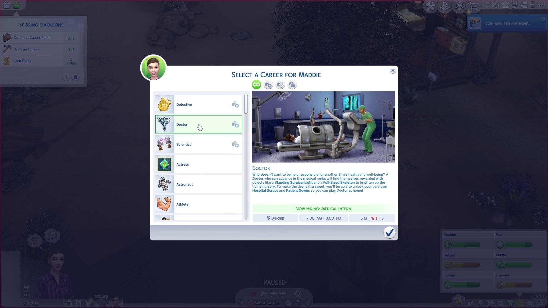 An image of the Doctor career description in The Sims 4.