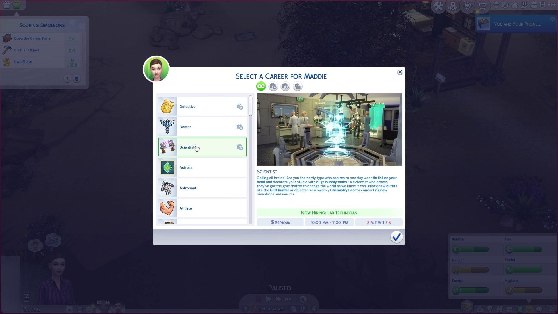 An image of the Scientist career description in The Sims 4.