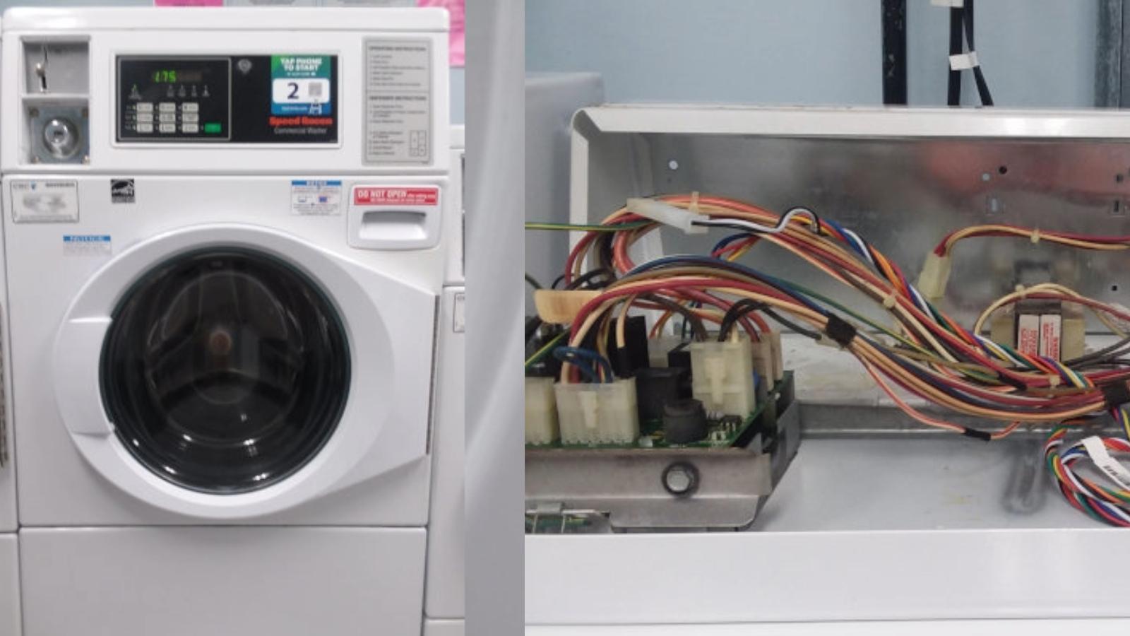 A washing machine next to image of its service panel.