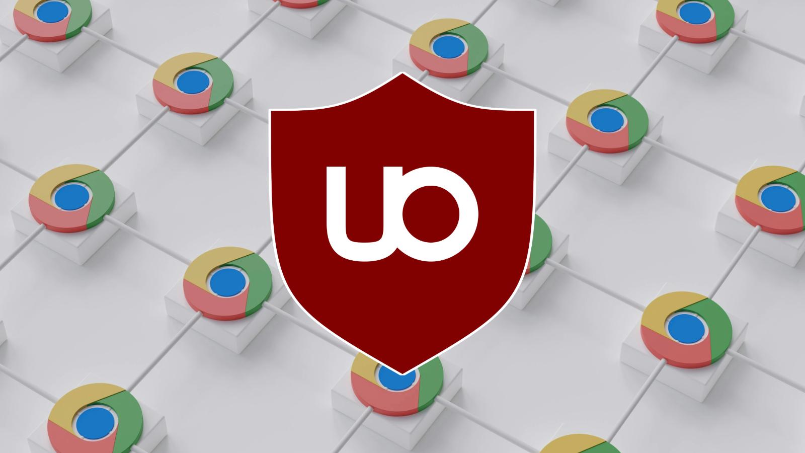 uBlock Origin logo against a background featuring Chrome logo