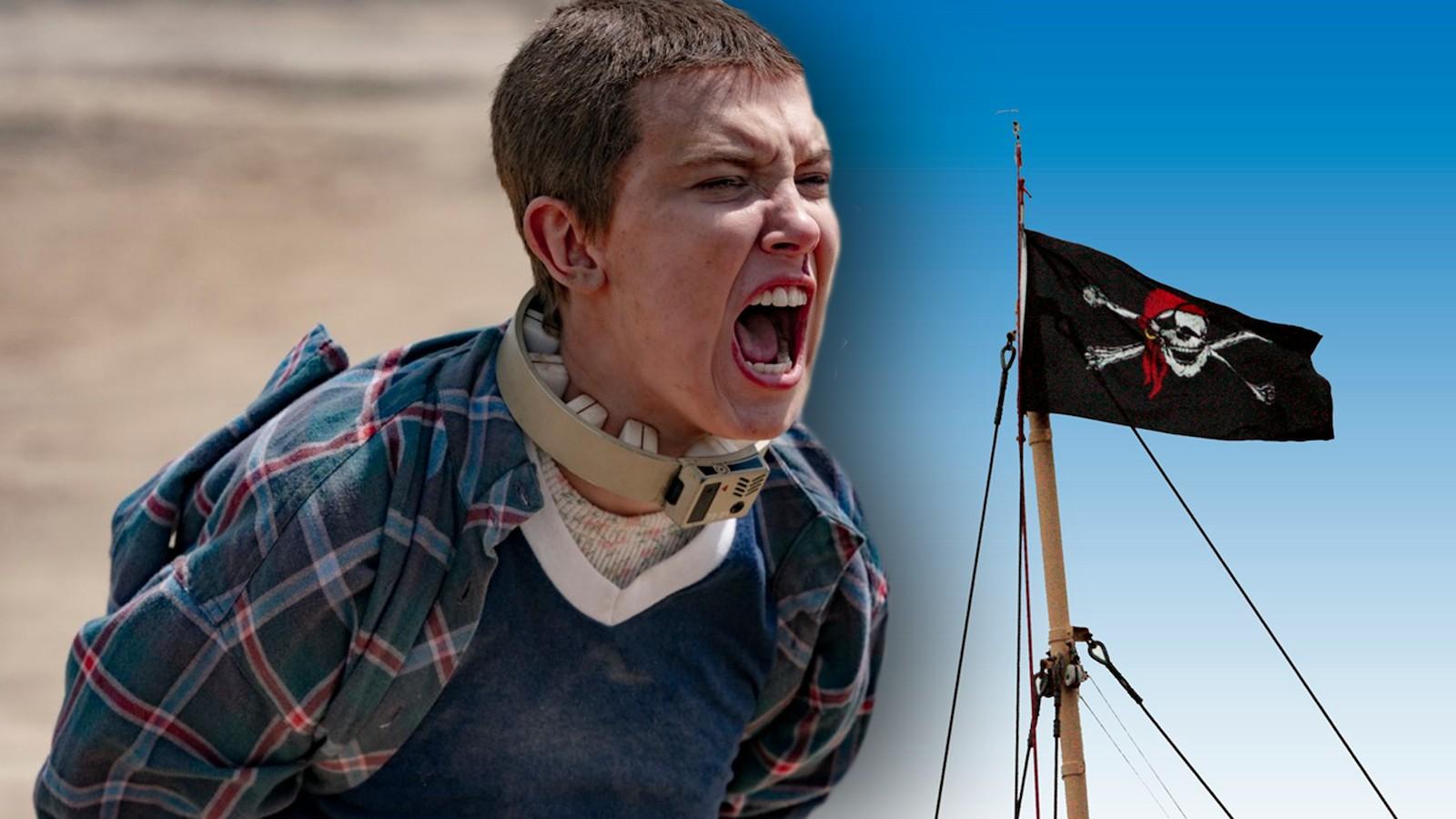 Eleven in Stranger Things and stock image of a pirate flag