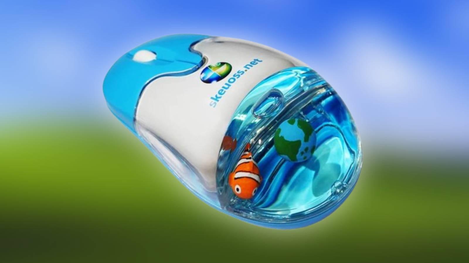 Image of the Skeuoss aqua mouse on top of the Windows XP wallpaper.