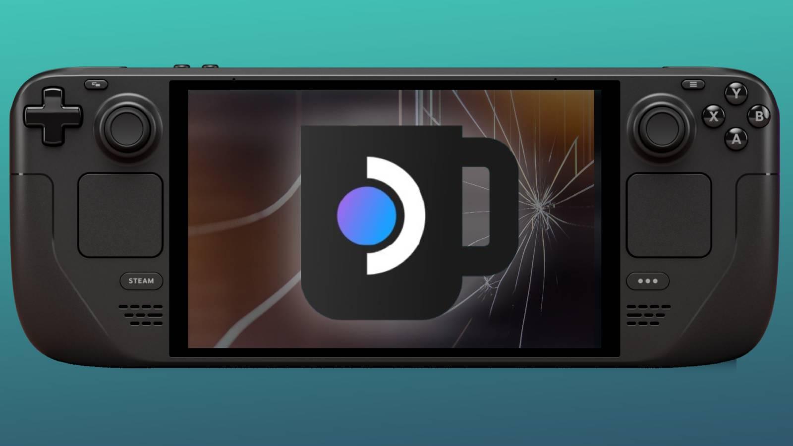 Image of the Decky Loader logo on the screen of a Steam Deck, with a cracked screen image by Ivan Vranić form Unsplash.com