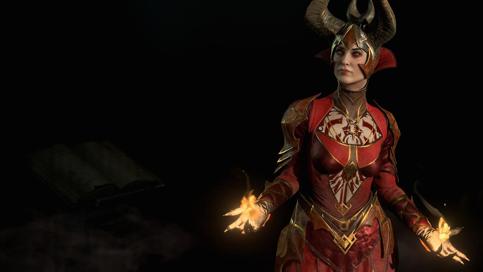 Diablo 4 Sorcerer dressed in red and holding fire