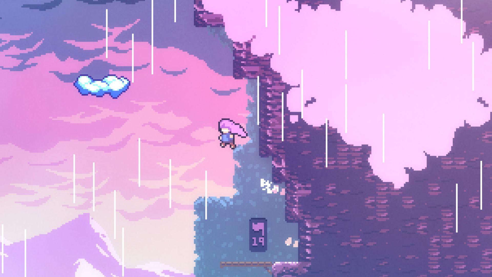 Madeline climbing a mountain in Celeste.