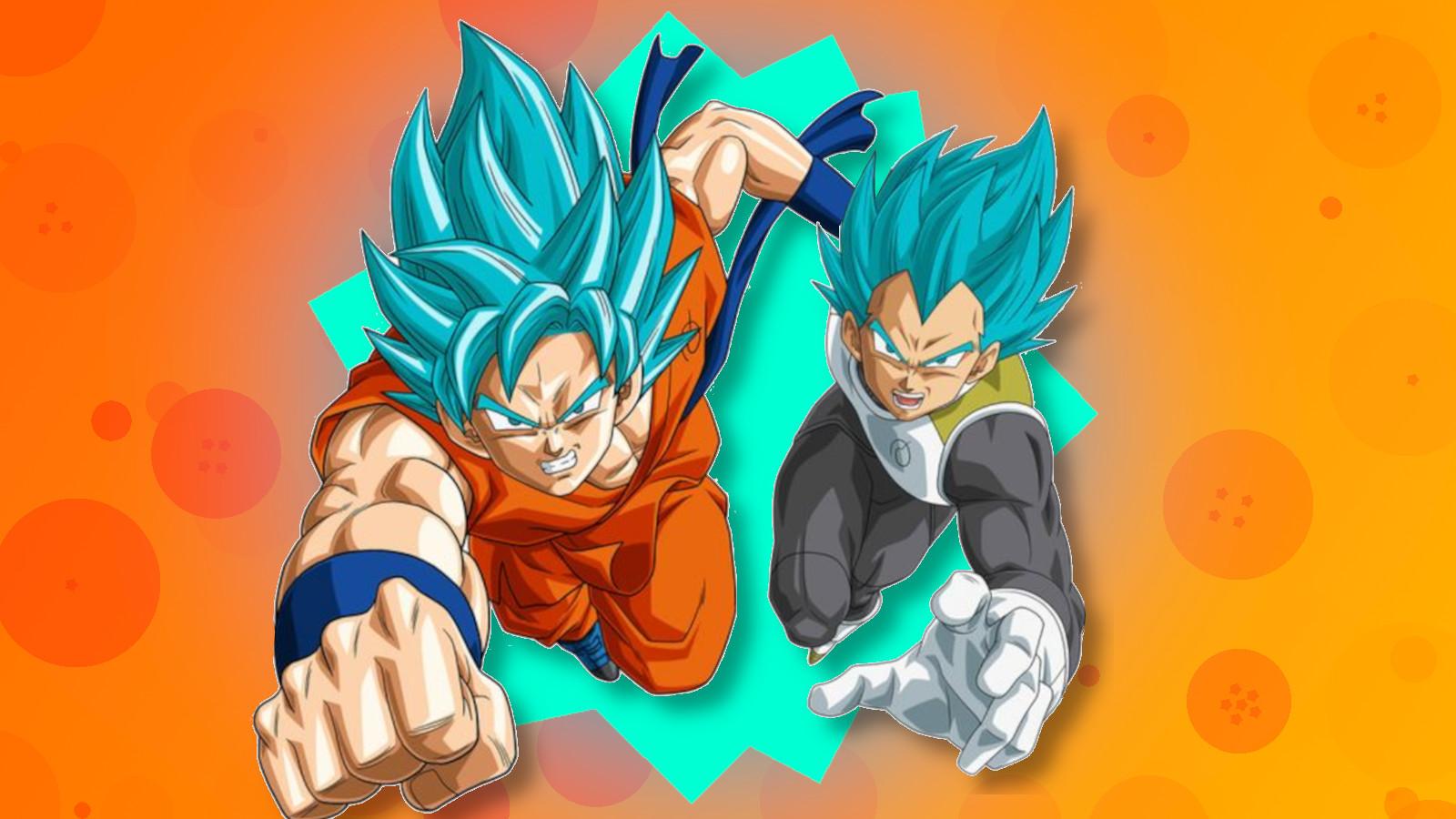 Goku and Vegeta fly forward in their Super Saiyan Blue transformation