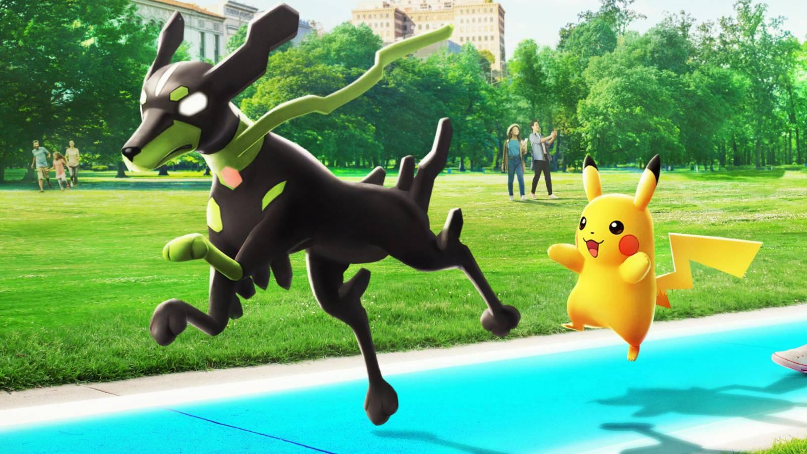 The Pokemon Zygarde and Pikachu travel along a route