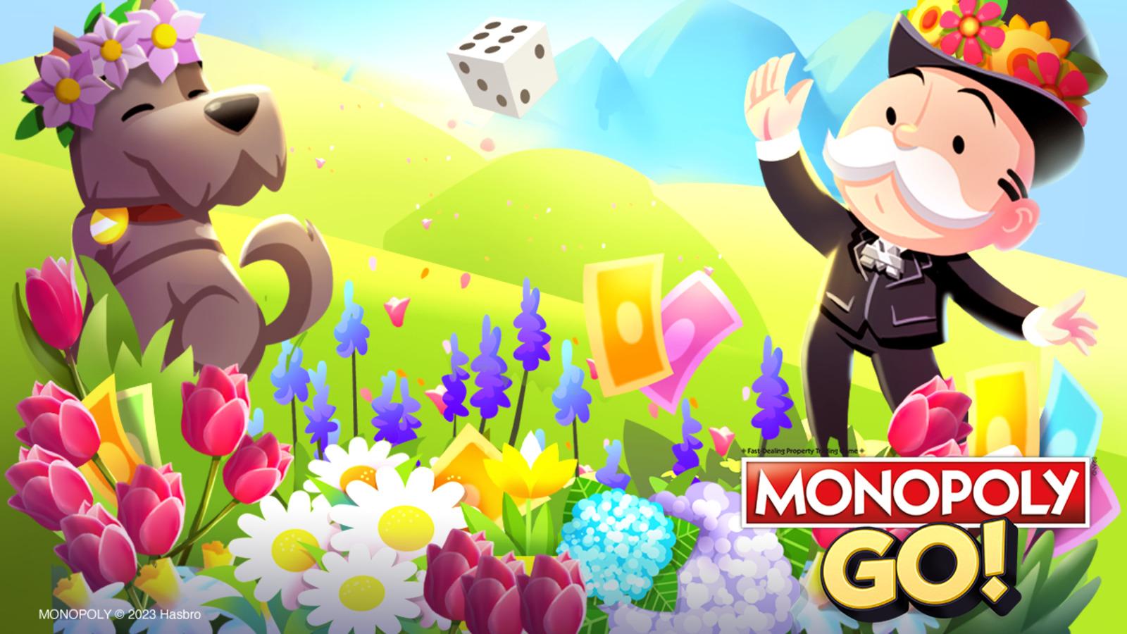 Mr. M and Scottie playing in a flower field monopoly go