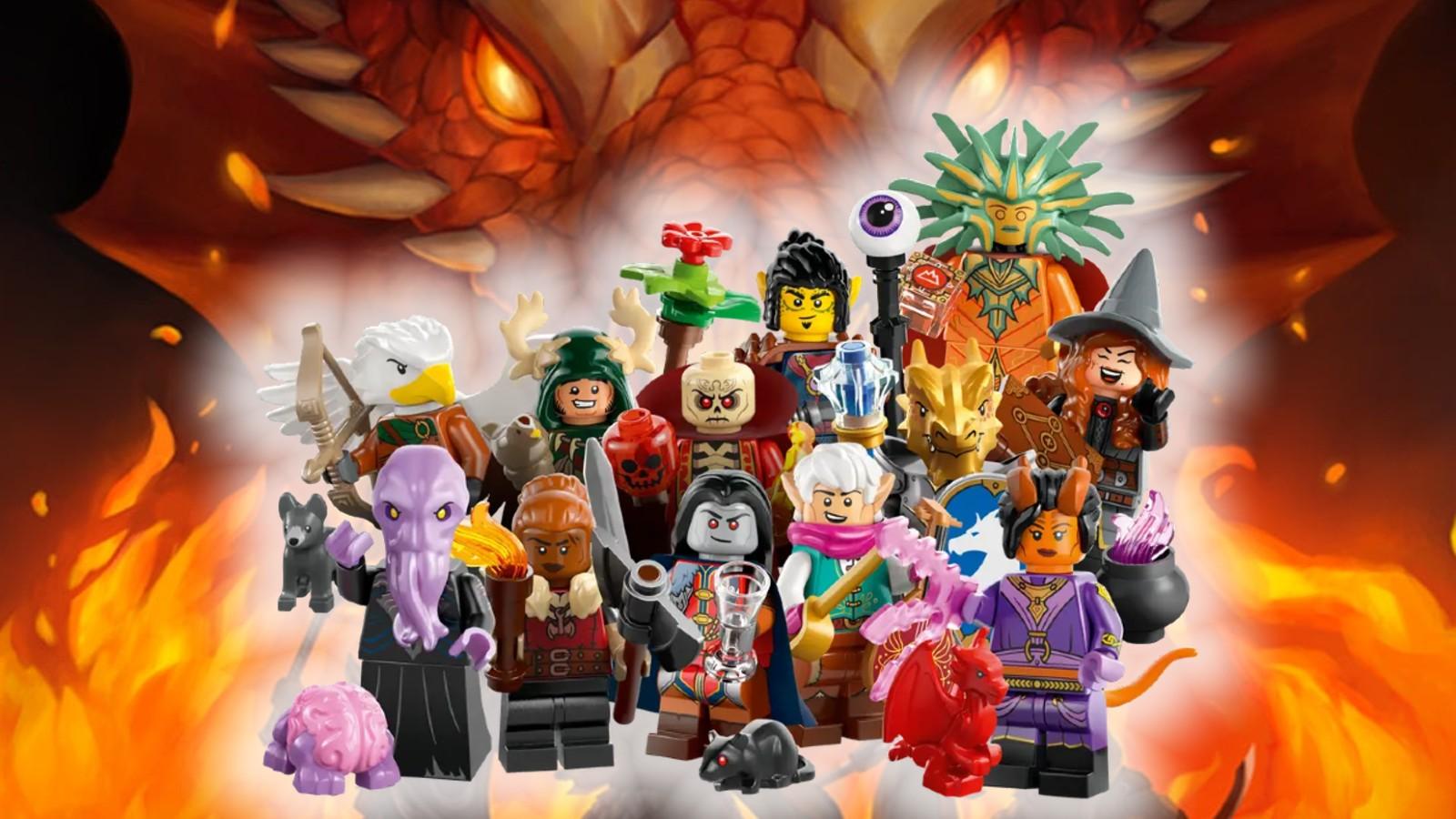 D&D LEGO minifigures over red dragon art