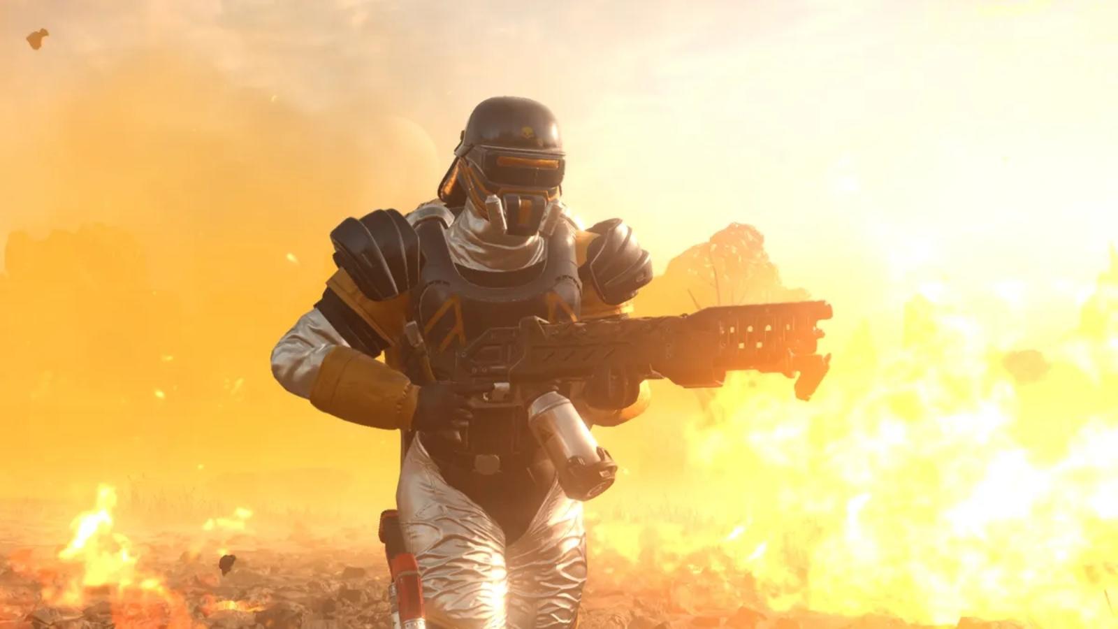 A Helldivers 2 character running in front of fire