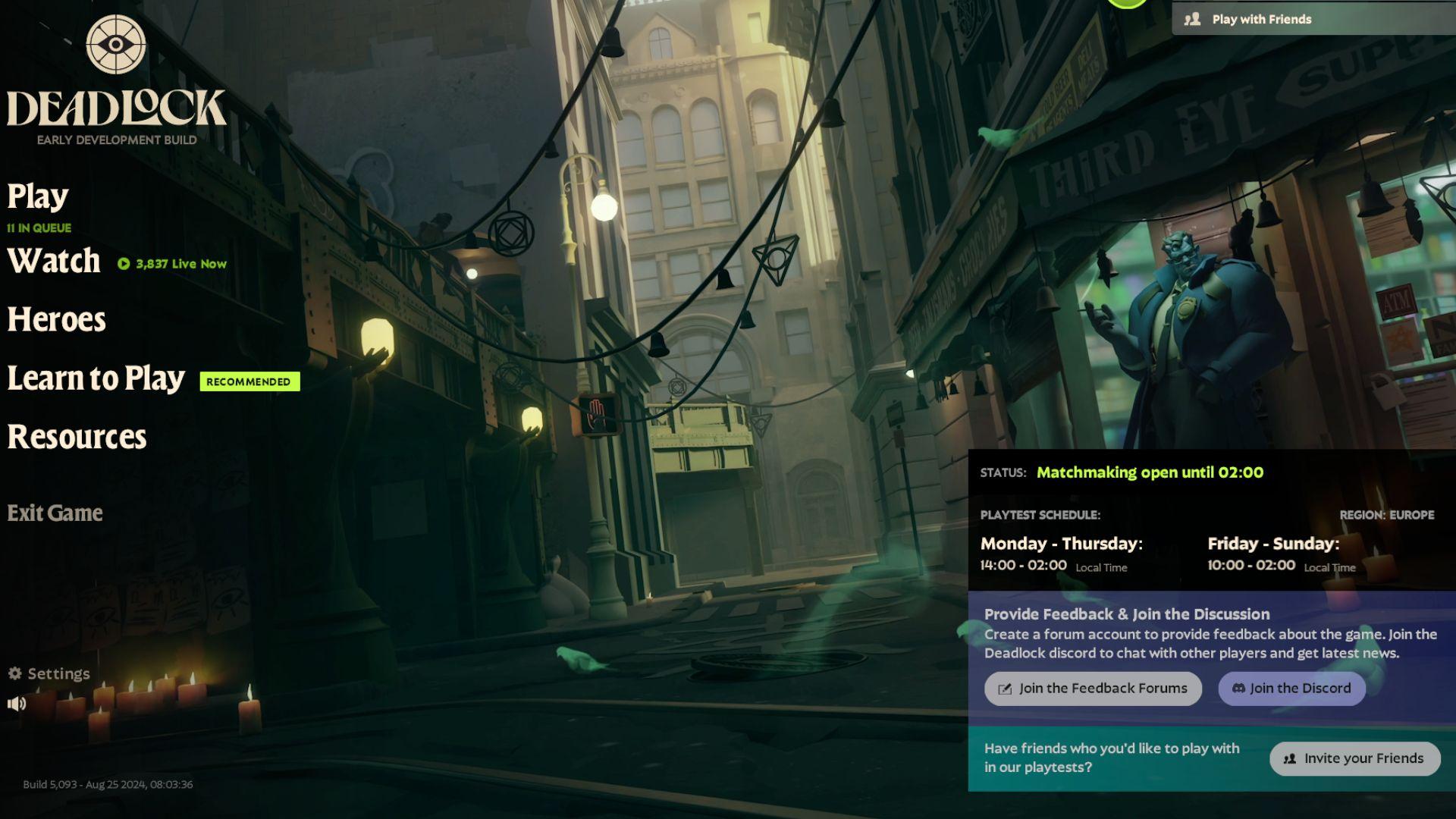 An image of the Deadlock main menu featuring the invite friends prompt.