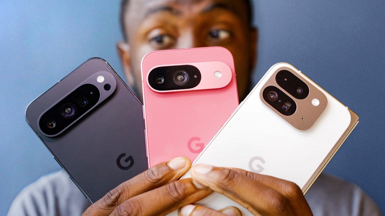 MKBHD holding the Pixel 9 series phones.