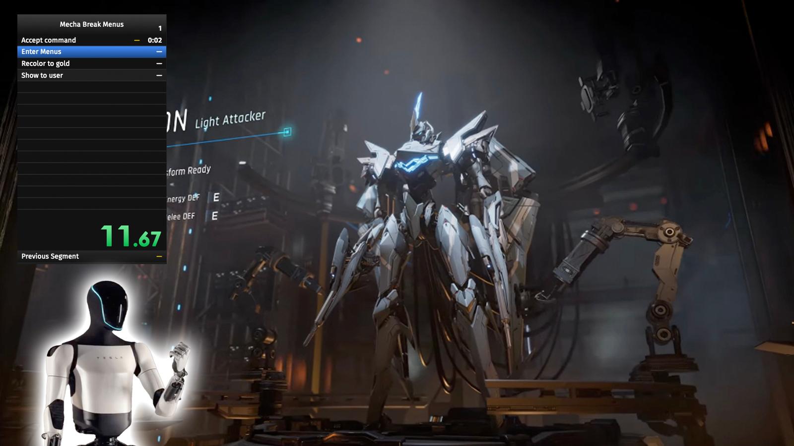 nvidia ace ai represented by tesla robot "speed running" with the timer menu found in live streams. screenshot of mecha break is in the background.