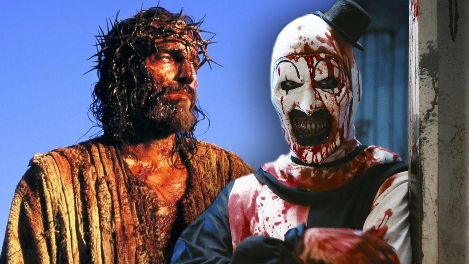 Jim Caviezel as Jesus in Passion of the Christ and David Howard Thornton as Art in Terrifier 2