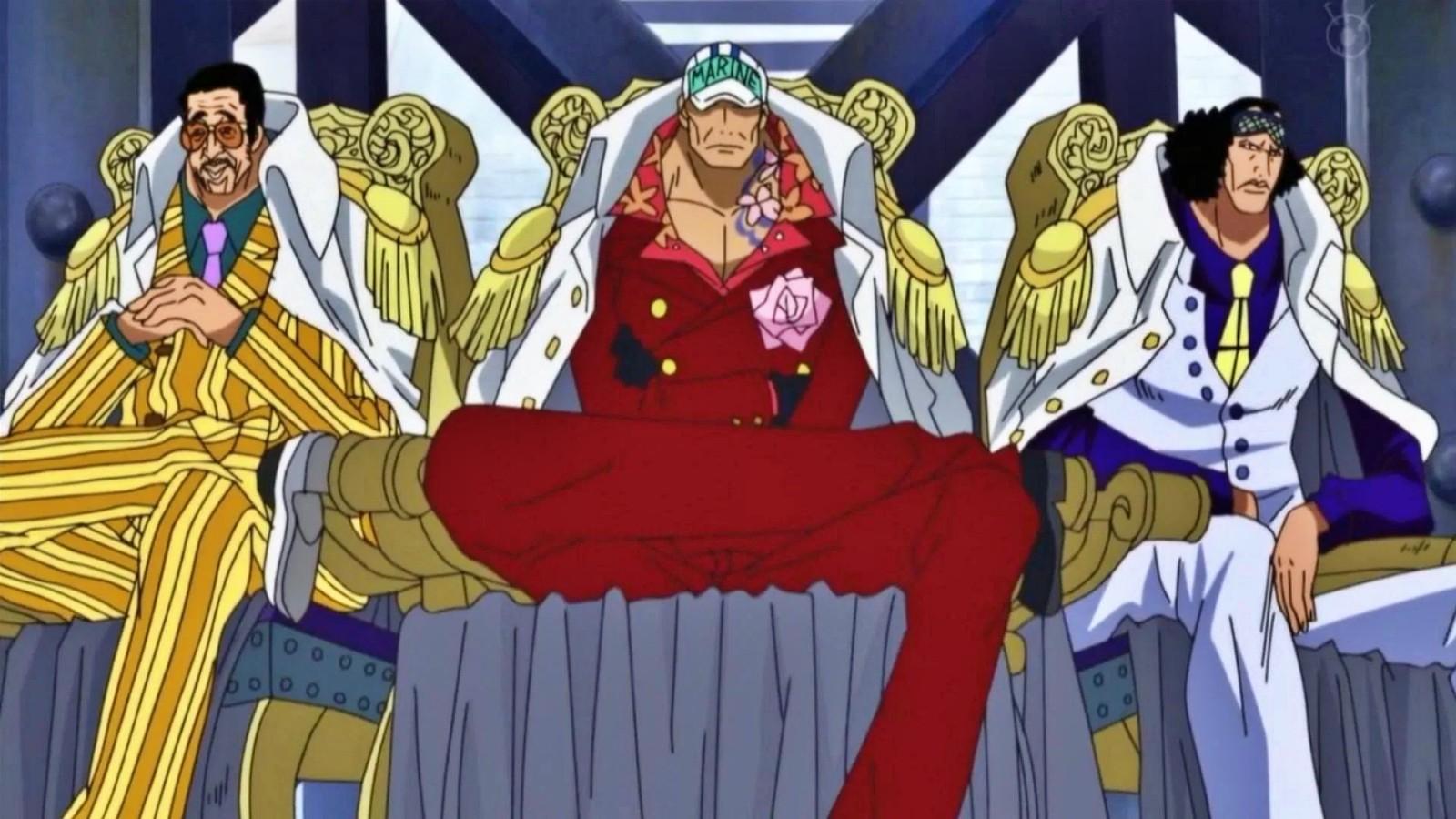 Admirals Kizaru, Akainu, and Aokiji in One Piece