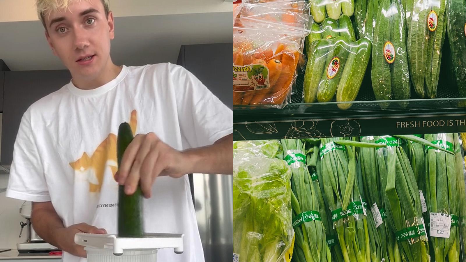 cucumber guy cutting a cucumber with a picture of cucumbers beside it