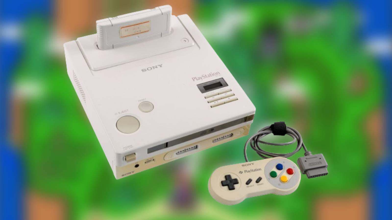 Blurred background of an official screenshot from Super Mario World, with an image of the Nintendo PlayStation console by Heritage Auctions on top.