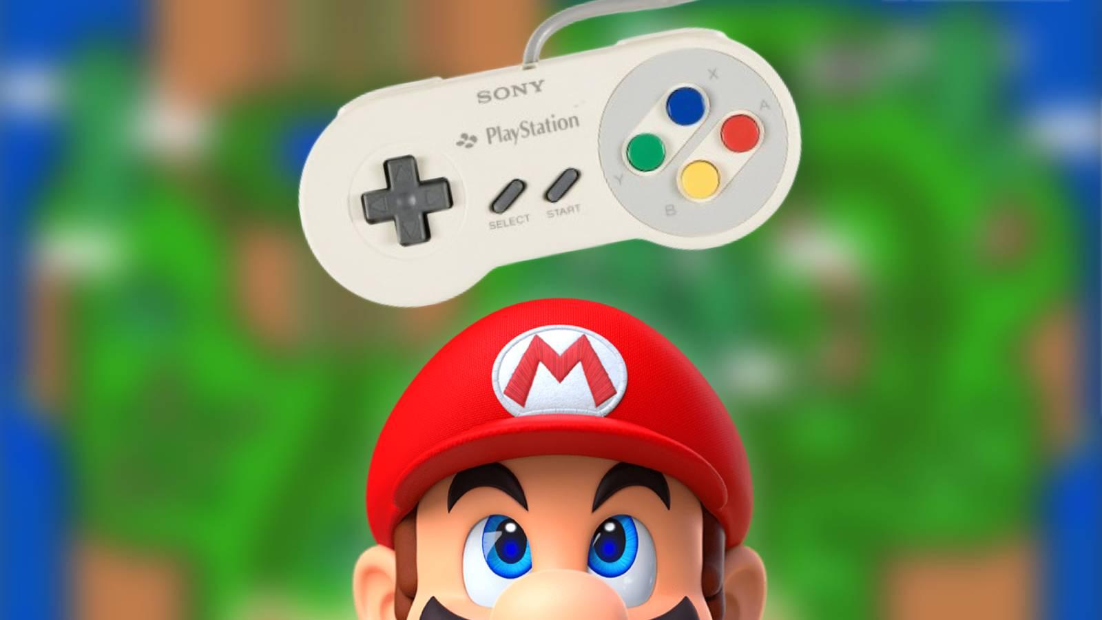 Official render of Mario taken from the Nintendo homage, with a screenshot from Super Mario World in the background, and an image of the Nintendo PlayStation controller by Heritage Auctions above Mario's head.