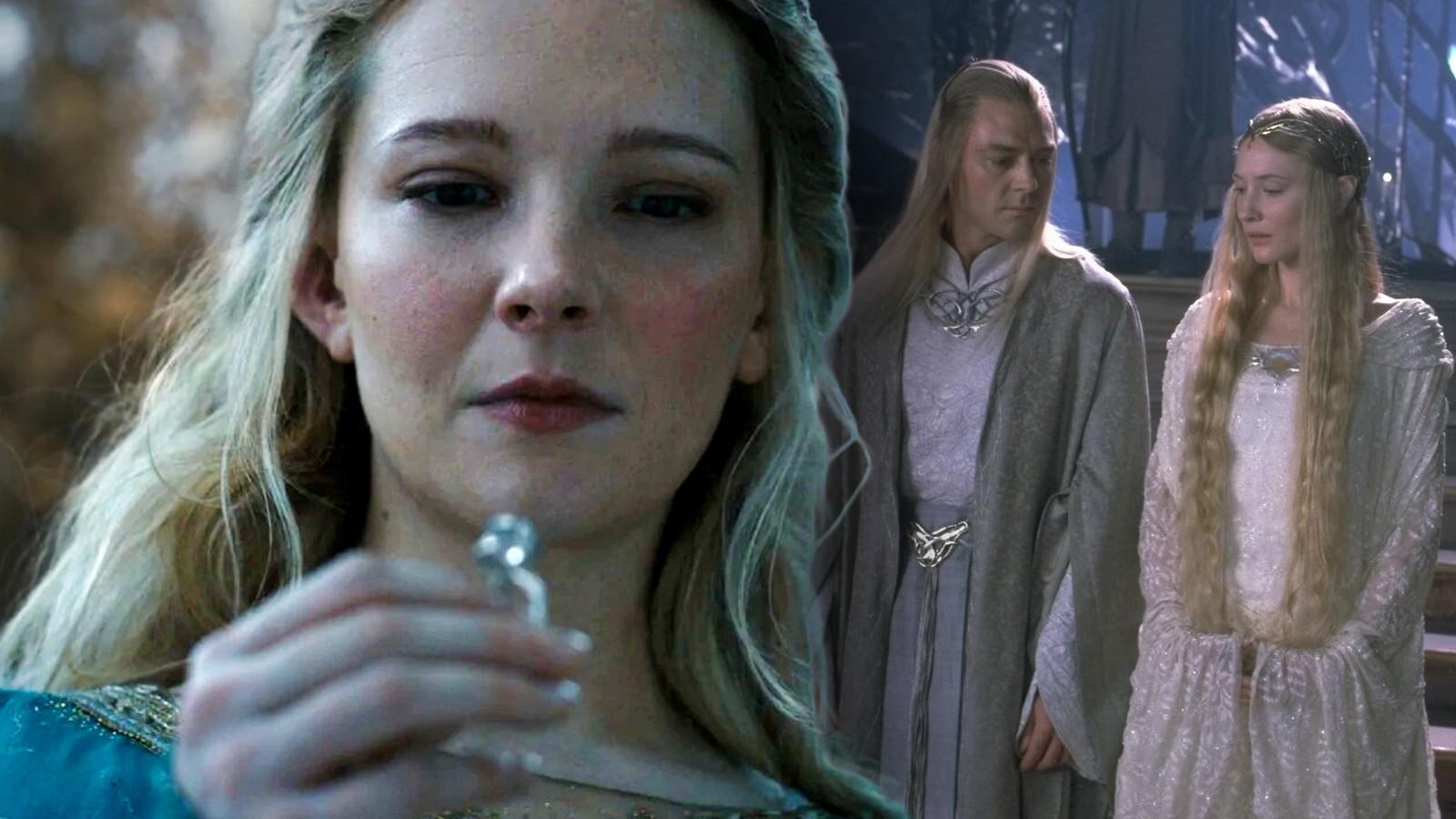 Morfydd Clark as Galadriel in Rings of Power and Galadriel and Celeborn in Lord of the Rings