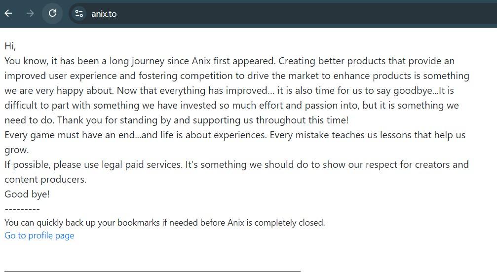 The closure message on Anix.to site