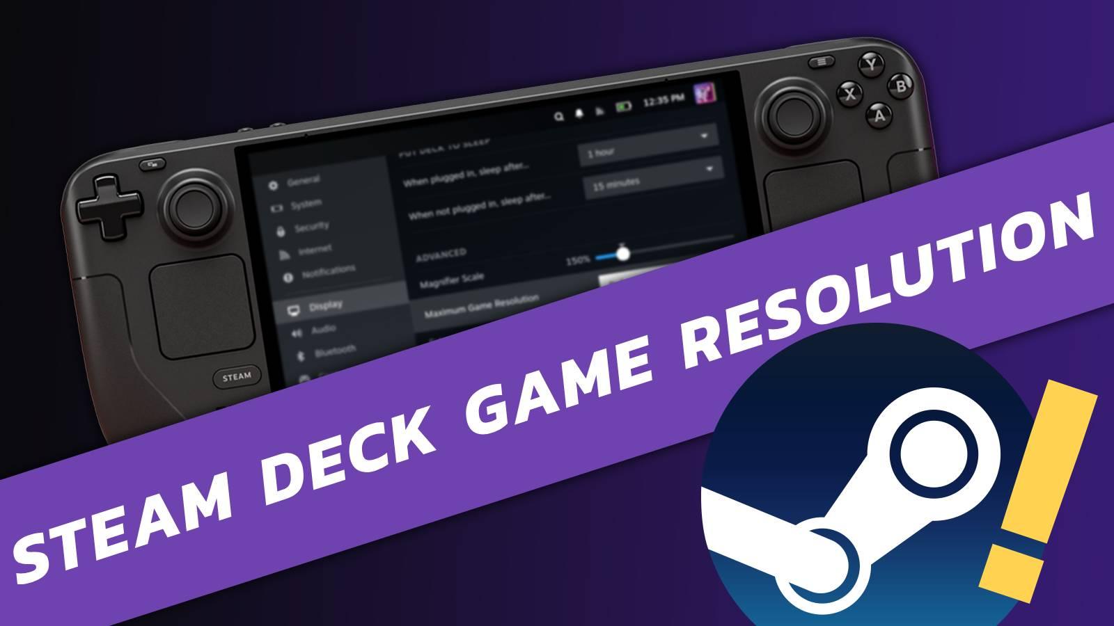 Image of a Steam Deck with the system settings on the screen, with a banner and the Valve logo.